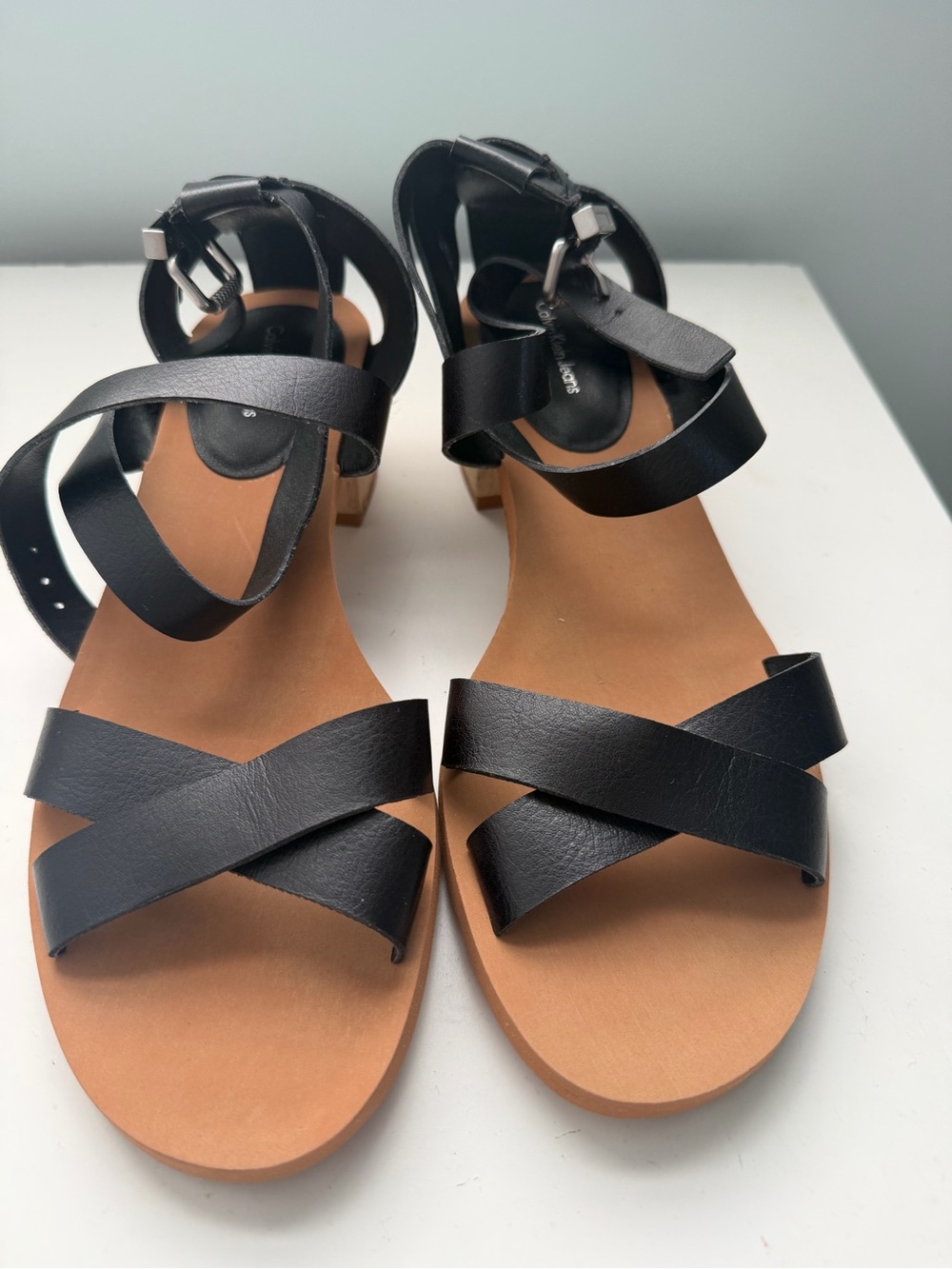 Calvin Klein Black Leather Cross-Strap Ankle Sandals